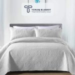 روتختی دونفره پنبه دوزی کتان تک رنگ طوسی - کد 05